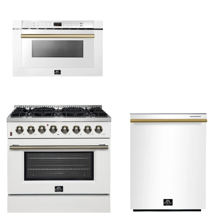 FORNO Appliance Package - 36" Dual Fuel Range, Dishwasher, Microwave in White with Antique Brass Accents