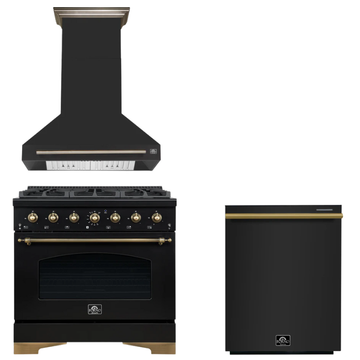 FORNO Espresso Package - 36" Gas Range, Range Hood, Dishwasher in Black with Antique Brass Accents