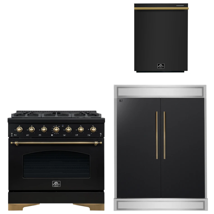 FORNO Espresso Package - 36" Gas Range, 60" Refrigerator, Dishwasher in Black with Antique Brass Accents