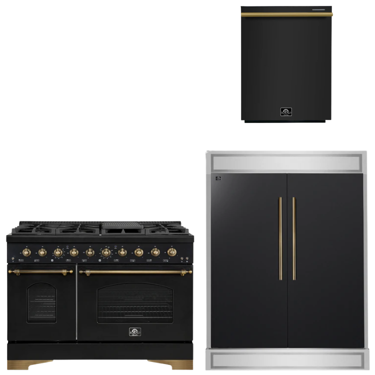 FORNO Espresso Package - 48" Gas Range, 60" Refrigerator, Dishwasher in Black with Antique Brass Accents