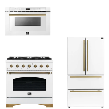 FORNO Espresso Package - 36" Gas Range, 36" Refrigerator, Microwave in White with Antique Brass Accents