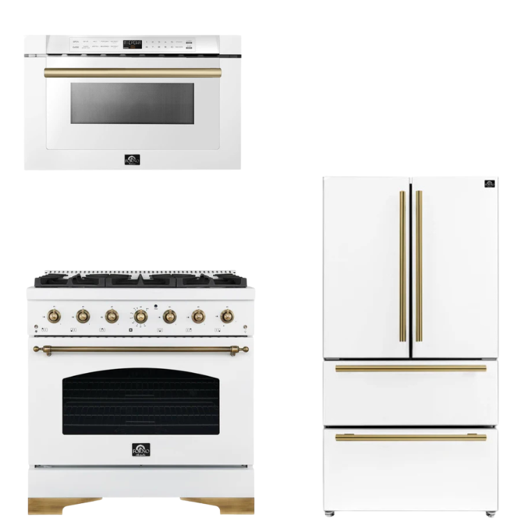 FORNO Espresso Package - 36" Gas Range, 36" Refrigerator, Microwave in White with Antique Brass Accents