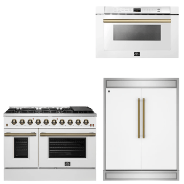 FORNO Appliance Package - 48" Gas Range, 60" Refrigerator, Microwave in White with Antique Brass Accents