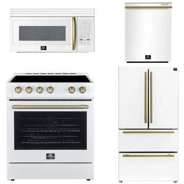 FORNO Espresso Package - 30" Electric Range, Over-The-Range Microwave, 36" Refrigerator with Ice Maker and Dishwasher in White with Antique Brass Accents, AP4-6012WHT-A9
