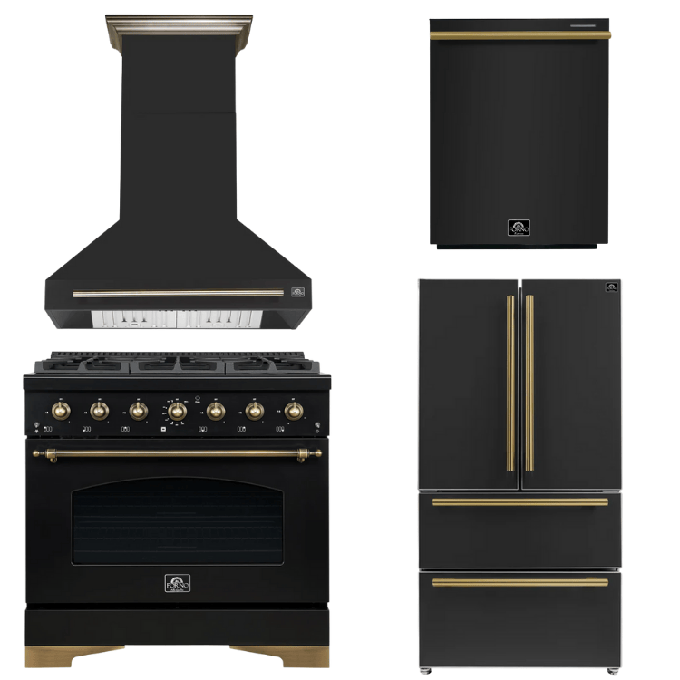 FORNO Espresso Package - 36" Dual Fuel Range, Range Hood, 36" Refrigerator, Dishwasher in Black with Antique Brass Accents