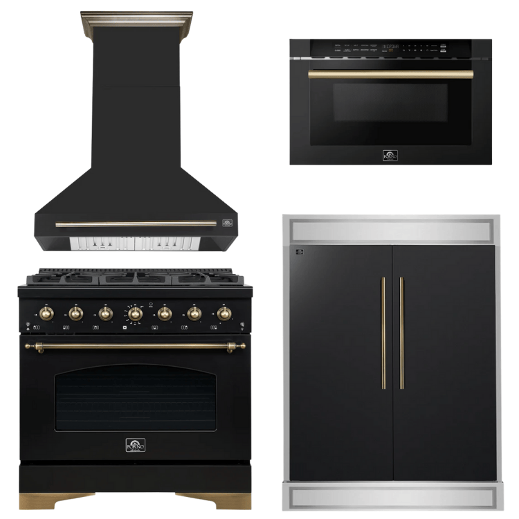 FORNO Espresso Package - 36" Dual Fuel Range, Range Hood, 60" Refrigerator, Microwave in Black with Antique Brass Accents
