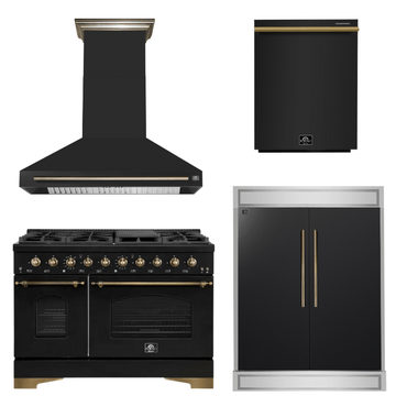 FORNO Espresso Package - 48" Dual Fuel Range, Range Hood, 60" Refrigerator, Microwave in Black with Antique Brass Accents