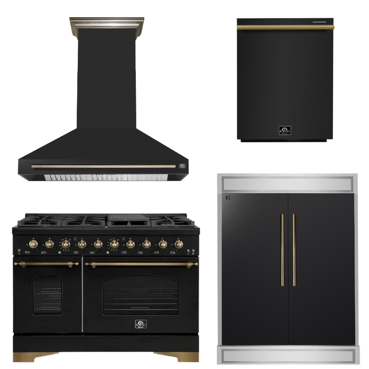 FORNO Espresso Package - 48" Dual Fuel Range, Range Hood, 60" Refrigerator, Microwave in Black with Antique Brass Accents
