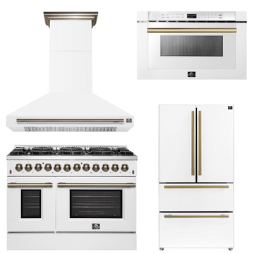 FORNO Appliance Package - 48" Dual Fuel Range, Range Hood, 36" Refrigerator, Microwave in White with Antique Brass Accents