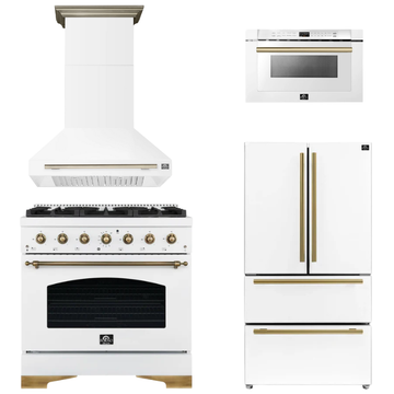 FORNO Espresso Package - 36" Gas Range, Range Hood, 36" Refrigerator, Microwave in White with Antique Brass Accents