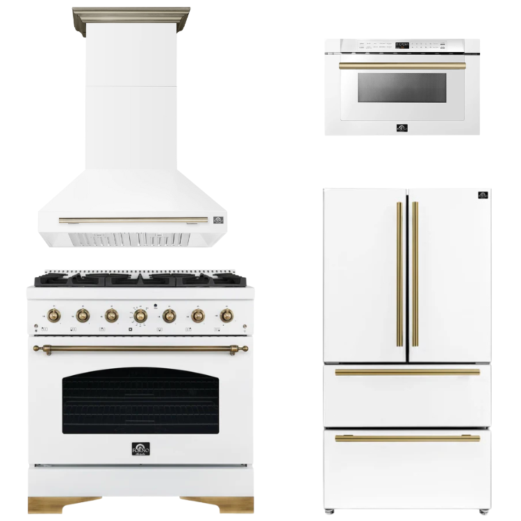 FORNO Espresso Package - 36" Gas Range, Range Hood, 36" Refrigerator, Microwave in White with Antique Brass Accents