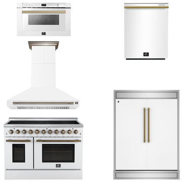 FORNO Appliance Package - 48" Electric Range, Range Hood, 60" Refrigerator, Dishwasher, Microwave in White with Antique Brass Accents