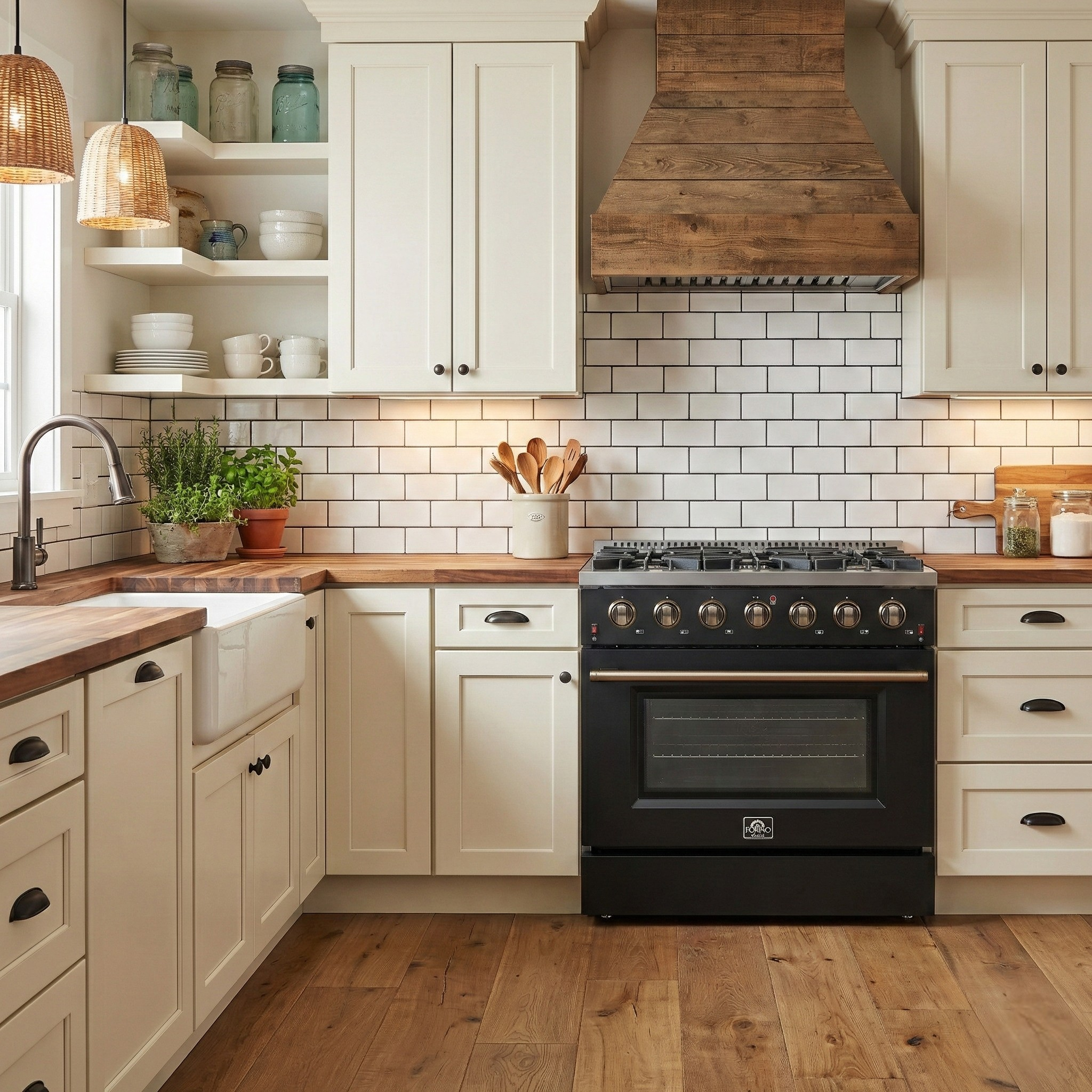 Forno Galiano 36 Inch Gas Range, 5.36 cu. ft. Oven, 6 Sealed Burners, Black with Antique Brass Accents, Model FFSGS6244-36BLK