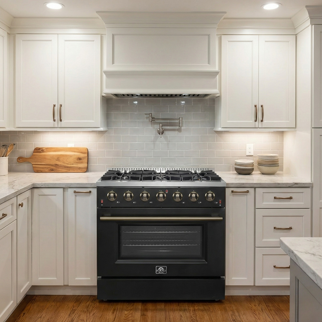 Forno Galiano 36 Inch Gas Range, 5.36 cu. ft. Oven, 6 Sealed Burners, Black with Antique Brass Accents, Model FFSGS6244-36BLK