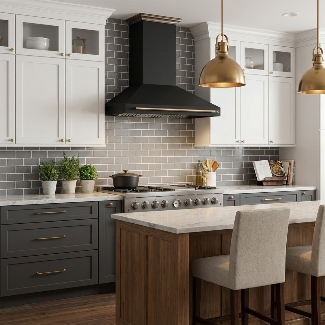 FORNO Aria 48-Inch Wall-Mount Range Hood, 1200 CFM, Black with Antique Brass Accents (Model FRHWM5095-48BLK)
