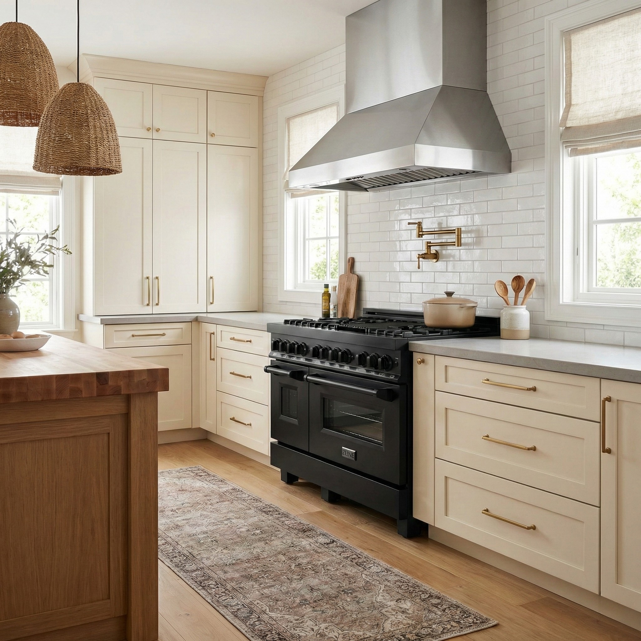 ZLINE 48 in. Dual Fuel Range with Gas Cooktop, Electric Oven, Black Stainless Steel Finish, Brass Burners (RAB-BR-48)
