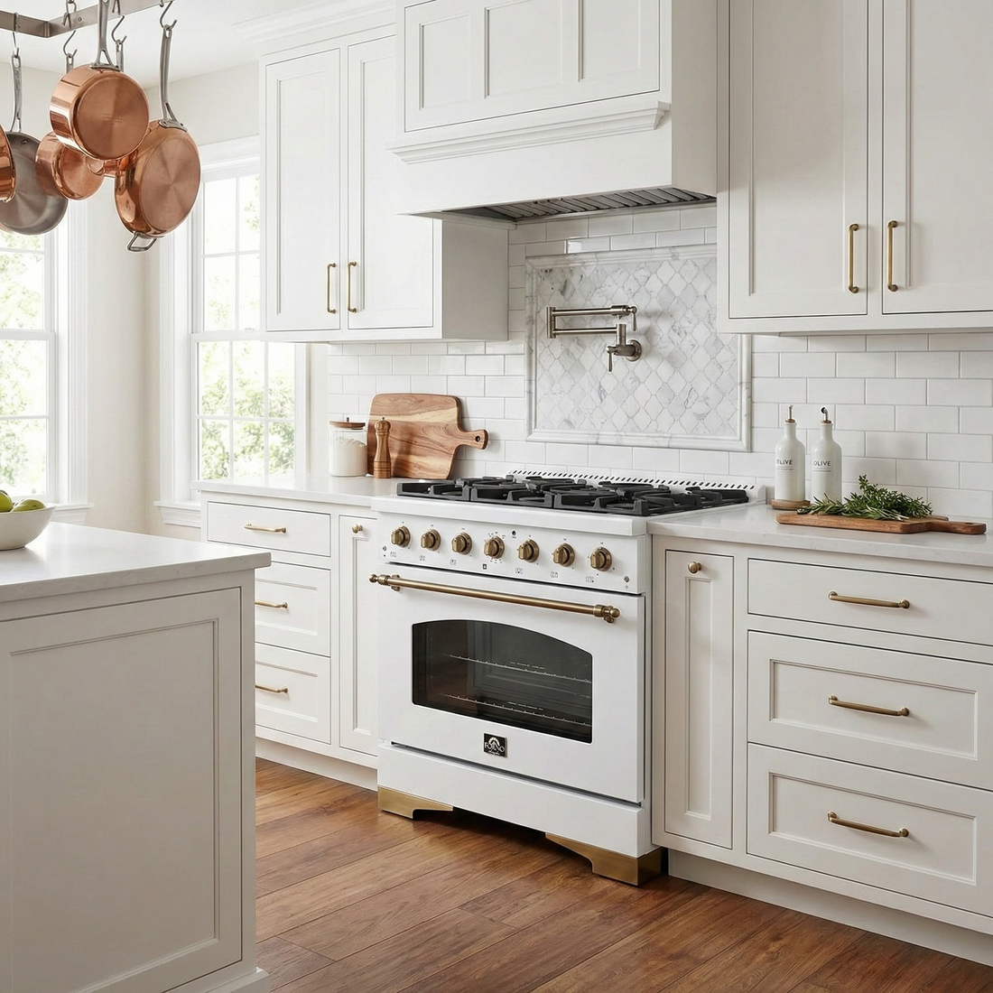 Forno Antico 36 in. Gas Range, 4.5 cu. ft. Oven, 6 Sealed Burners, White with Antique Brass Accents (Model FFSGS6219-36WHT)