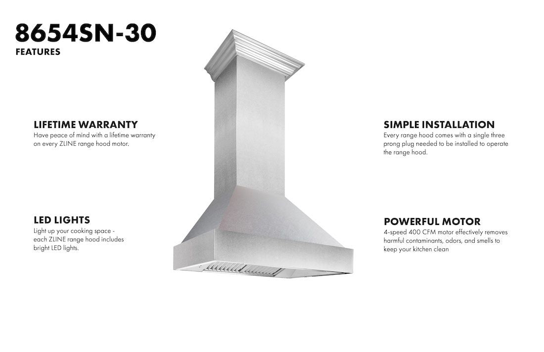 ZLINE 30 in. Wall Mount Range Hood Satin Stainless Steel Finish 4-Speed Fan (8654SN-30)