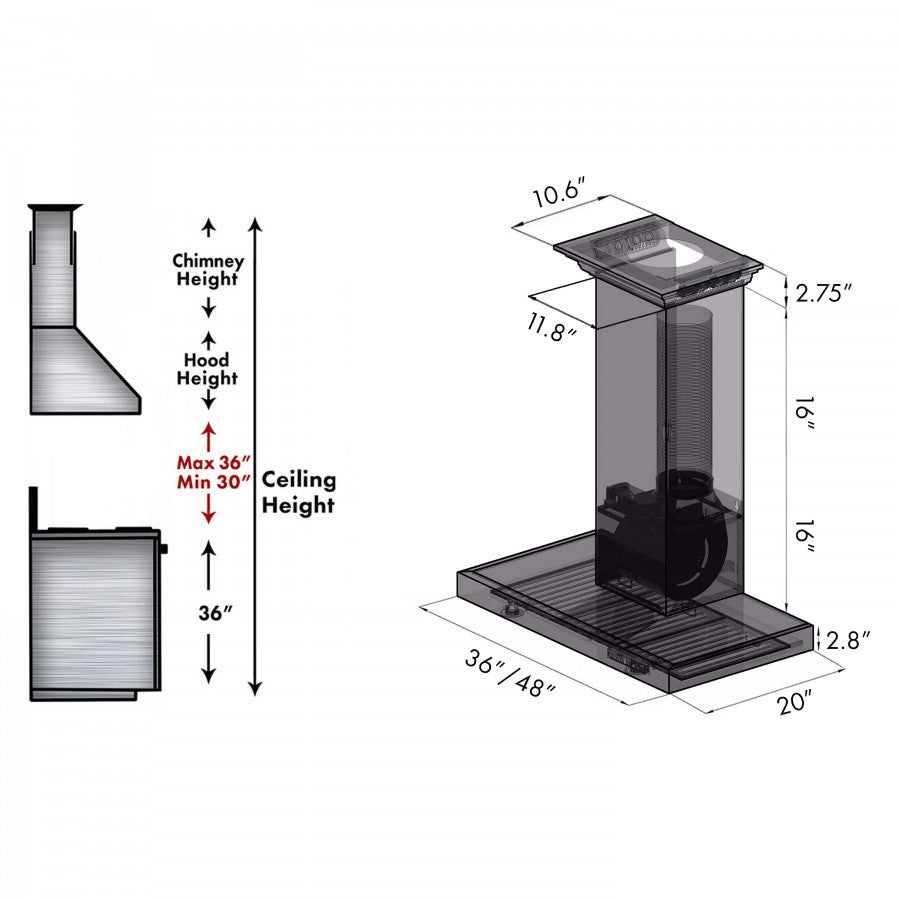 ZLINE 42 in. Wall Mount Range Hood 400 CFM Stainless Steel Bluetooth Speakers CrownSound® (KECRN-BT-42)