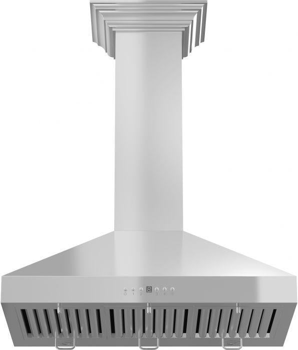 ZLINE 42 in. Wall Mount Range Hood Convertible Vent Stainless Steel Crown Molding 4-Speed Fan LED Lighting (KL3CRN-42)