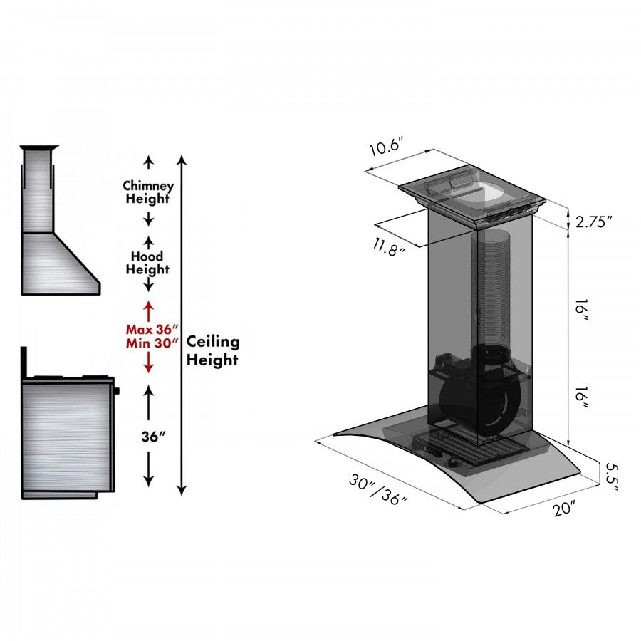 ZLINE 36 in. Wall Mount Range Hood Stainless Steel 400 CFM CrownSound Bluetooth Speakers (KZCRN-BT-36)