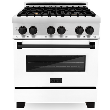 ZLINE Autograph 30 in. Dual Fuel Range 4.0 cu. ft. Gas Cooktop with Electric Convection Oven, White Matte Door and Black Matte Accents (RAZ-WM-30-MB)