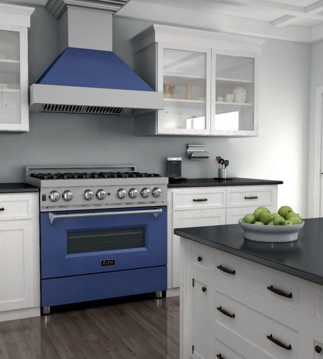 ZLINE 36-Inch Legacy Dual Fuel Range, 4.6 cu. ft., 6 Burner Gas Cooktop with Electric Convection Oven, Satin Stainless Steel with Blue Matte Door, Model RAS-BM-36