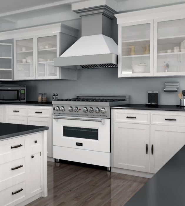 ZLINE 36" Dual Fuel Range in Satin Stainless Steel with White Matte Door & 36" Range Hood Appliance Package, 2KP-RASWMRH36