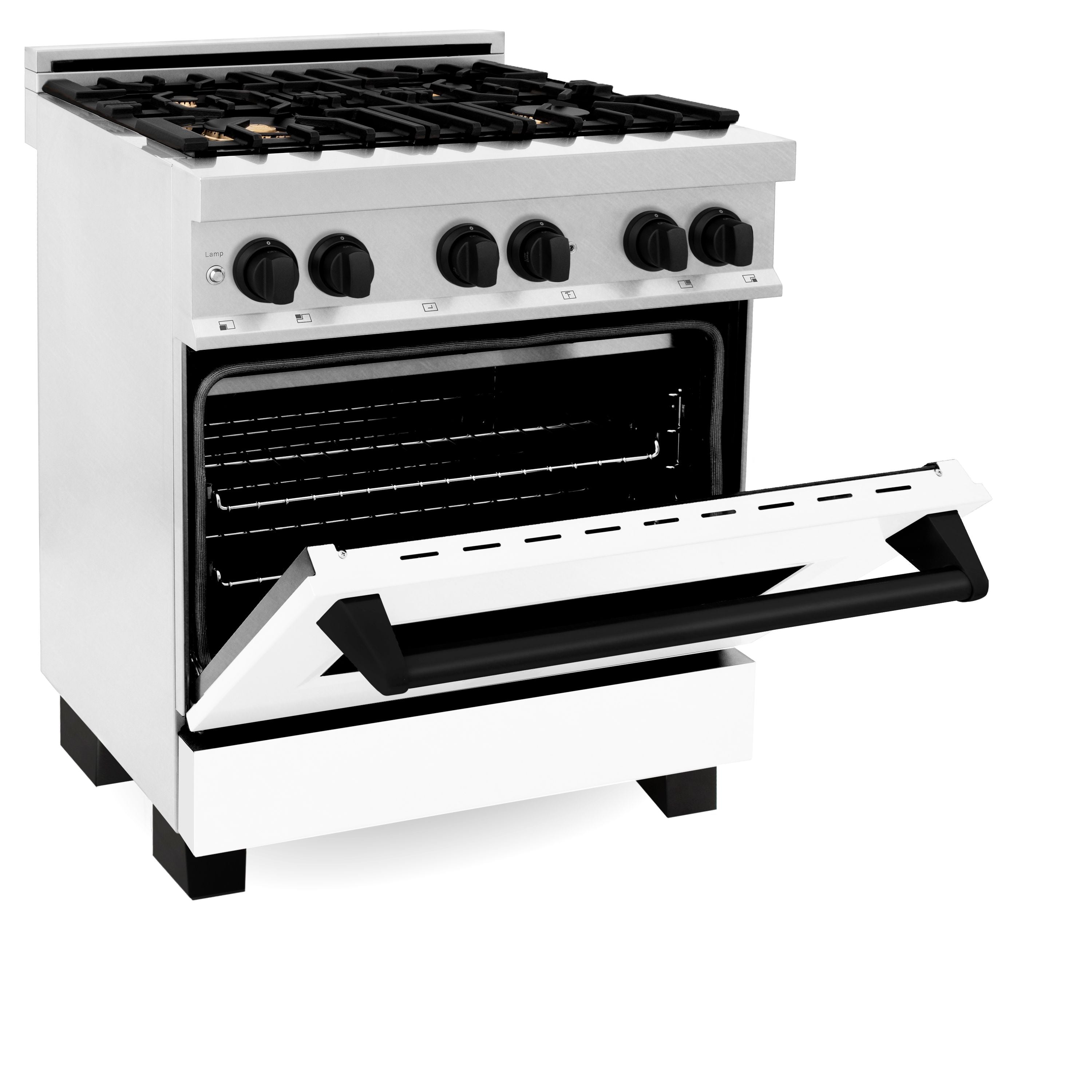ZLINE Autograph Edition 30 in. 4.0 cu. ft. Legacy Dual Fuel Range with 4-Burner Gas Cooktop and Electric Convection Oven in Satin Stainless Steel with White Matte Door and Matte Black Accents (RASZ-WM-30-MB)