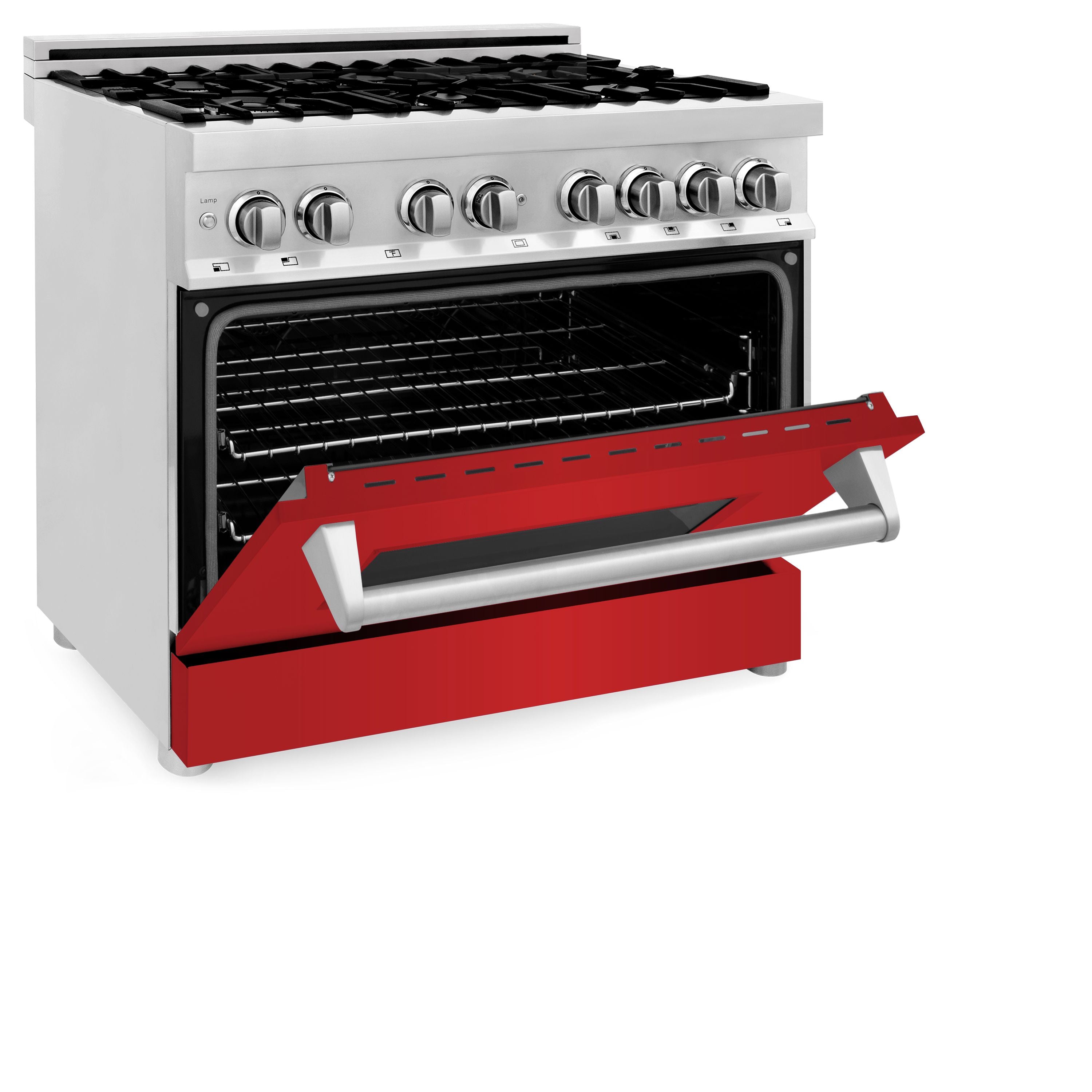 ZLINE 36 in. Dual Fuel Range with 6-Burner Gas Cooktop and Electric Convection Oven in Stainless Steel with Red Matte Door (RA-RM-36)