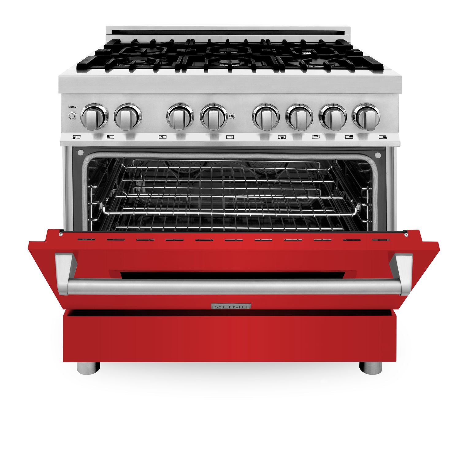 ZLINE 36 in. Dual Fuel Range with 6-Burner Gas Cooktop and Electric Convection Oven in Stainless Steel with Red Matte Door (RA-RM-36)