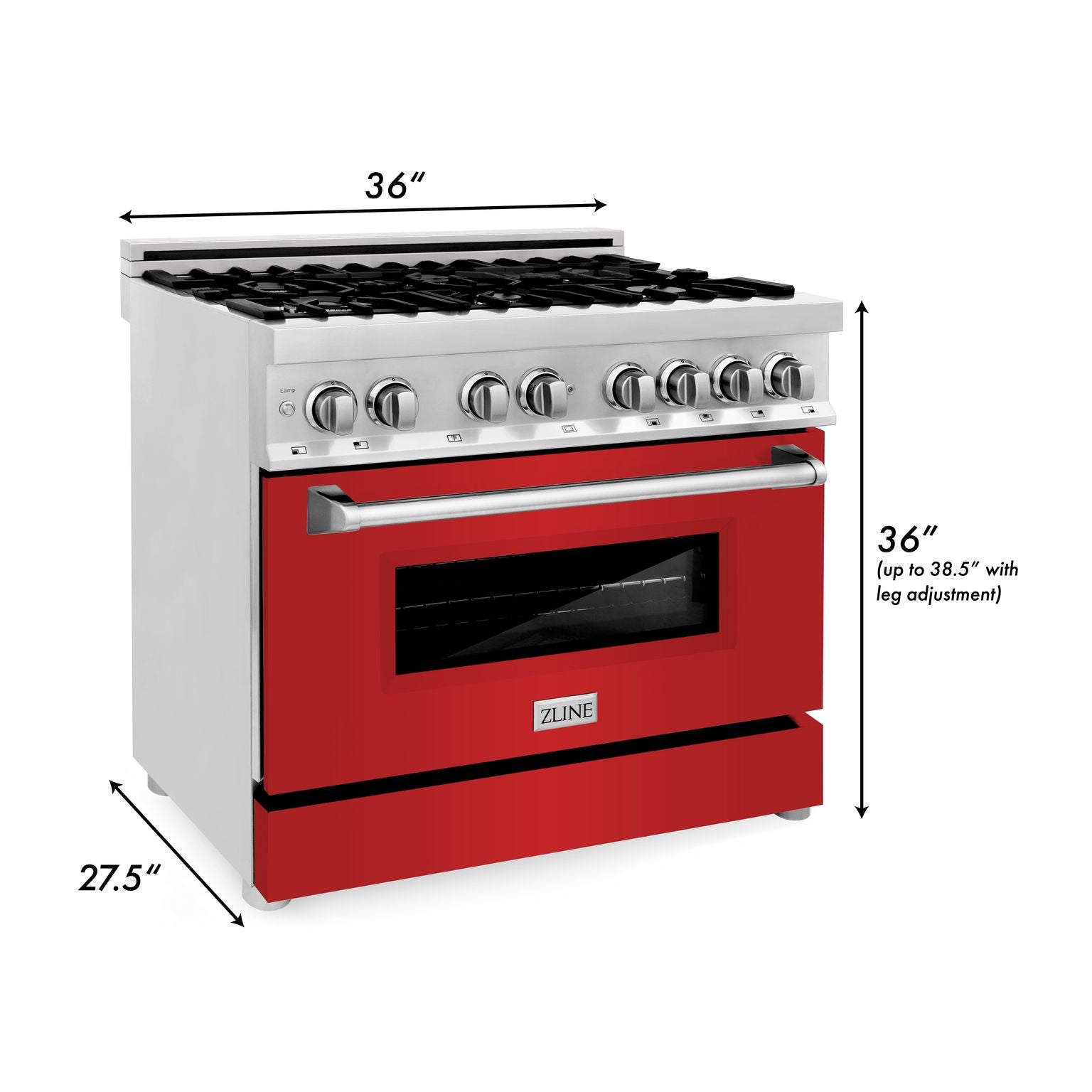 ZLINE 36 in. Dual Fuel Range with 6-Burner Gas Cooktop and Electric Convection Oven in Stainless Steel with Red Matte Door (RA-RM-36)
