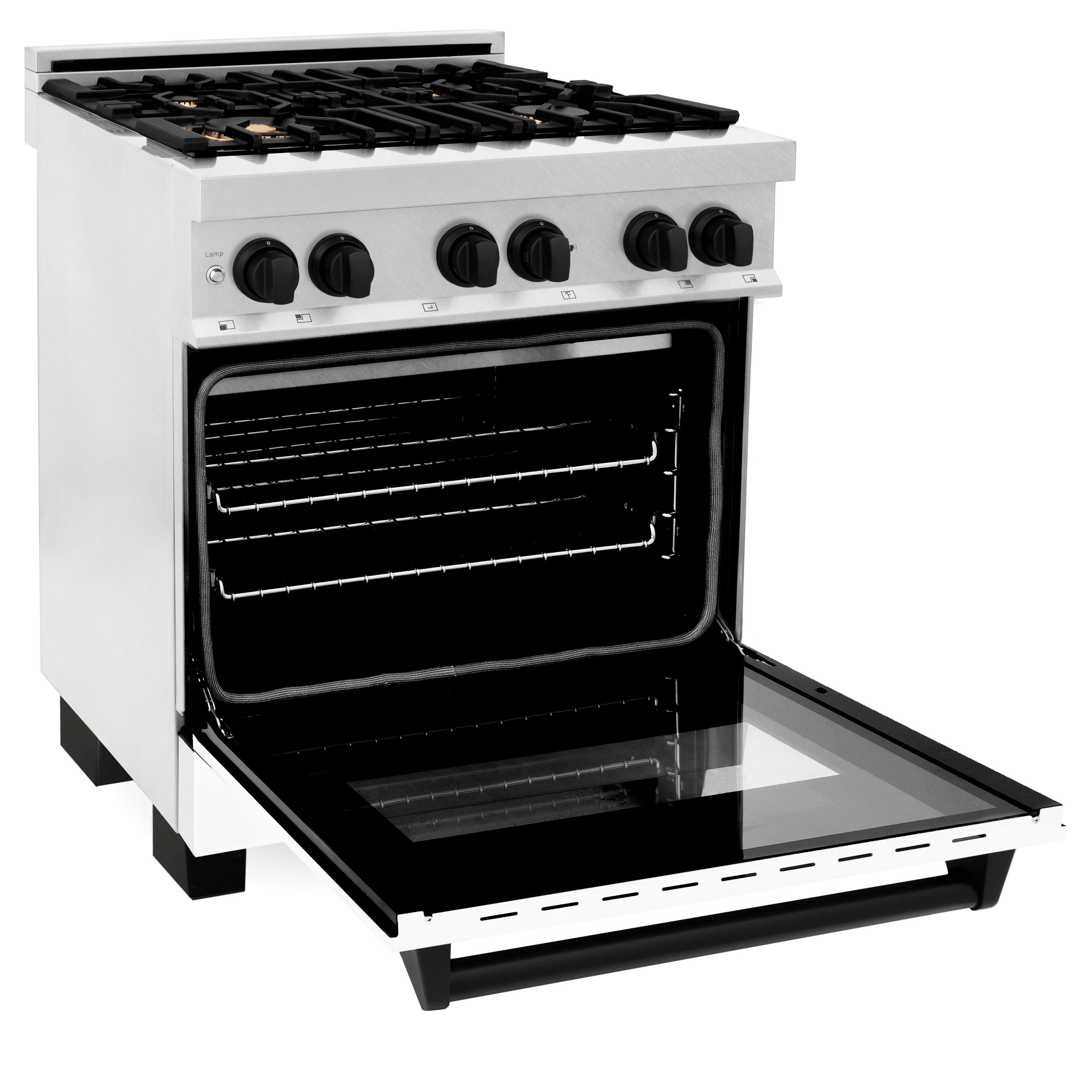 ZLINE Autograph Edition 30 in. 4.0 cu. ft. Legacy Dual Fuel Range with 4-Burner Gas Cooktop and Electric Convection Oven in Satin Stainless Steel with White Matte Door and Matte Black Accents (RASZ-WM-30-MB)