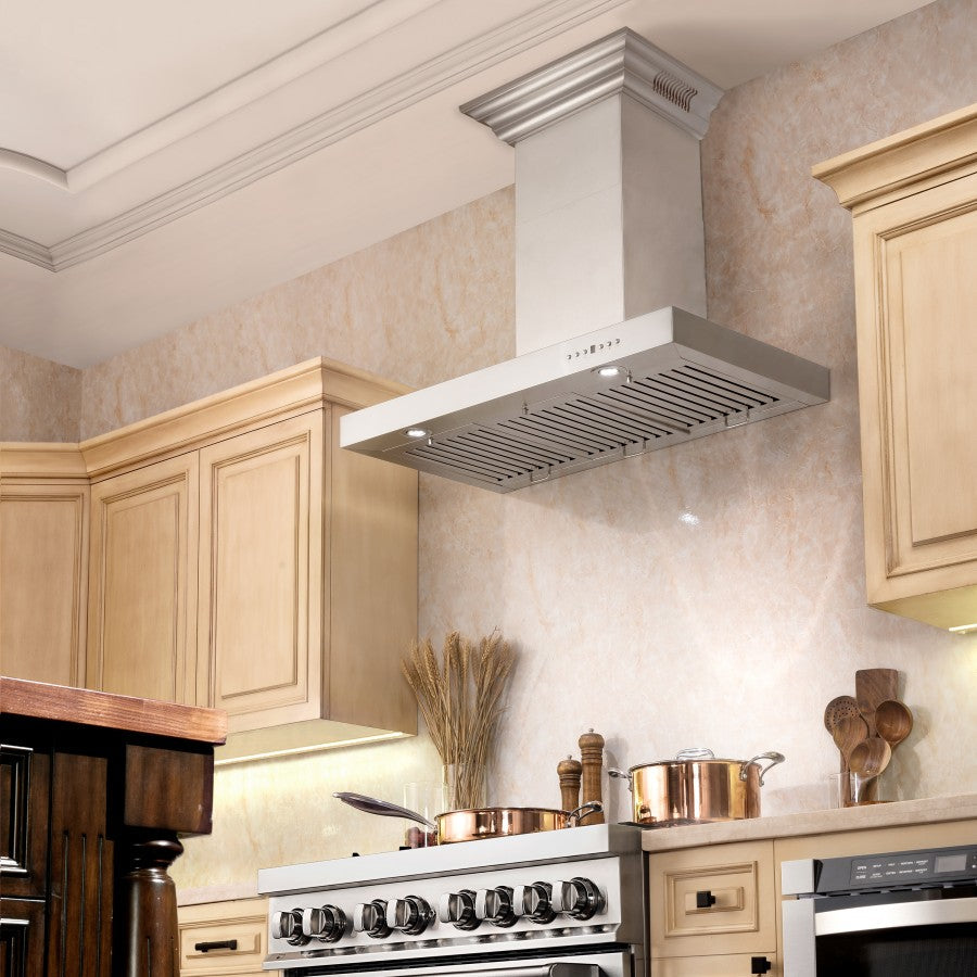 ZLINE 36 in. Wall Mount Range Hood with CrownSound Bluetooth Speakers, Stainless Steel, 400 CFM, 4-Speed Fan (KECRN-BT-36)