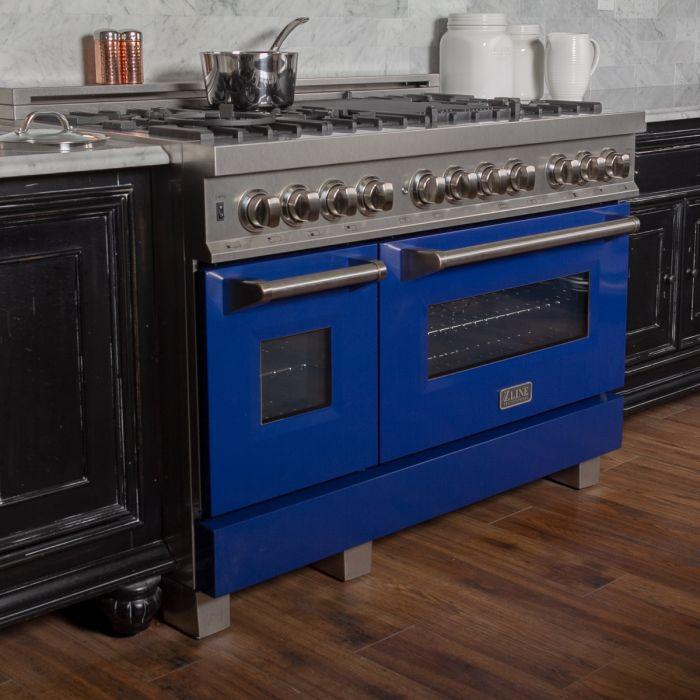 ZLINE 48 in. 6.0 cu. ft. Legacy Dual Fuel Range with 7 Burner Gas Cooktop and Double Electric Ovens in Satin Stainless Steel with Blue Gloss Doors (RAS-BG-48)