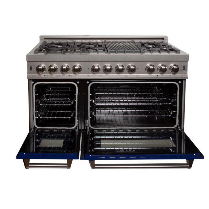 ZLINE 48 in. 6.0 cu. ft. Legacy Dual Fuel Range with 7 Burner Gas Cooktop and Double Electric Ovens in Satin Stainless Steel with Blue Gloss Doors (RAS-BG-48)