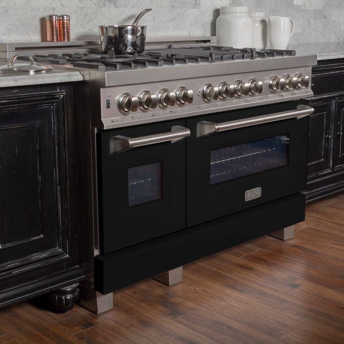 ZLINE 48 in. Legacy Dual Fuel Range with 7 Gas Burners and Double Electric Ovens, 6.0 cu. ft., Satin Stainless Steel with Black Matte Doors (RAS-BLM-48)