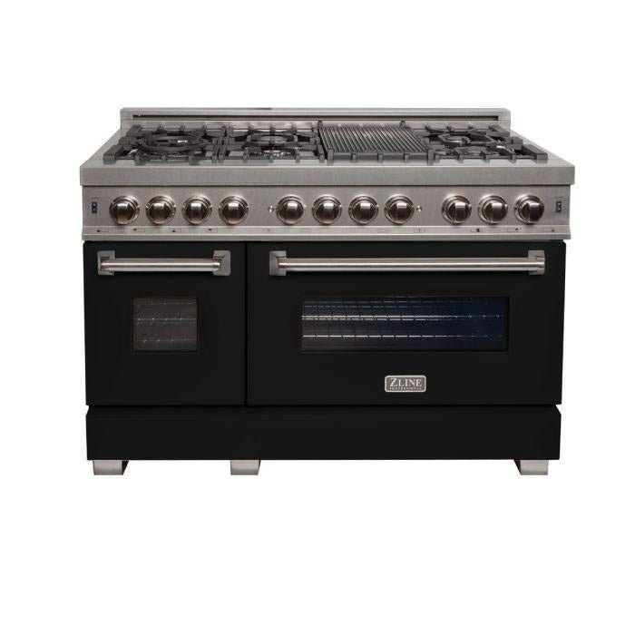 ZLINE 48 in. Legacy Dual Fuel Range with 7 Gas Burners and Double Electric Ovens, 6.0 cu. ft., Satin Stainless Steel with Black Matte Doors (RAS-BLM-48)