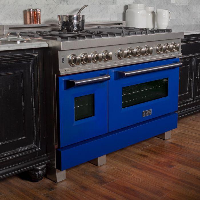 ZLINE 48 in. 6.0 cu. ft. Legacy Dual Fuel Range with 7 Burner Gas Cooktop and Double Electric Ovens in Satin Stainless Steel with Blue Matte Doors (RAS-BM-48)