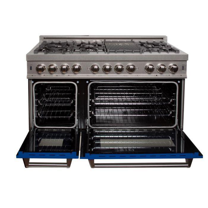 ZLINE 48 in. 6.0 cu. ft. Legacy Dual Fuel Range with 7 Burner Gas Cooktop and Double Electric Ovens in Satin Stainless Steel with Blue Matte Doors (RAS-BM-48)
