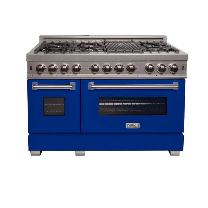 ZLINE 48 in. 6.0 cu. ft. Legacy Dual Fuel Range with 7 Burner Gas Cooktop and Double Electric Ovens in Satin Stainless Steel with Blue Matte Doors (RAS-BM-48)