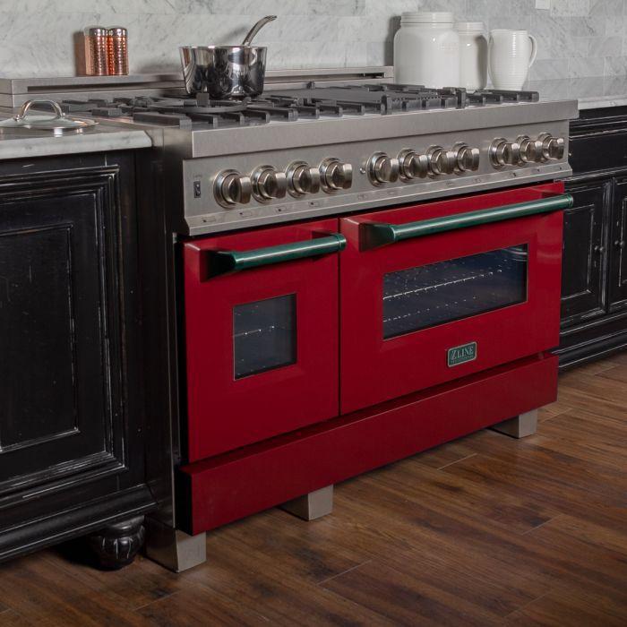 ZLINE 48 in. Legacy Dual Fuel Range, 6.0 cu. ft., 7 Burner Gas Cooktop, Double Electric Ovens, Satin Stainless Steel with Red Gloss Doors (RAS-RG-48)