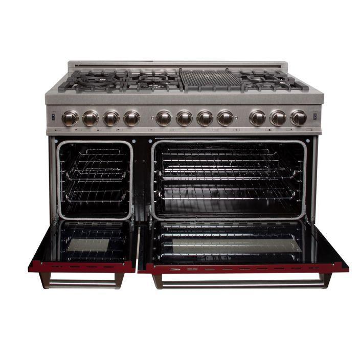 ZLINE 48 in. Legacy Dual Fuel Range, 6.0 cu. ft., 7 Burner Gas Cooktop, Double Electric Ovens, Satin Stainless Steel with Red Gloss Doors (RAS-RG-48)