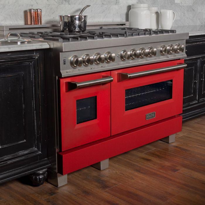 ZLINE 48 in. Legacy Dual Fuel Range, 6.0 cu. ft., 7 Burner Gas Cooktop, Double Electric Ovens, Satin Stainless Steel with Red Matte Doors (RAS-RM-48)