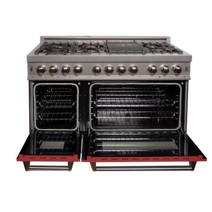ZLINE 48 in. Legacy Dual Fuel Range, 6.0 cu. ft., 7 Burner Gas Cooktop, Double Electric Ovens, Satin Stainless Steel with Red Matte Doors (RAS-RM-48)
