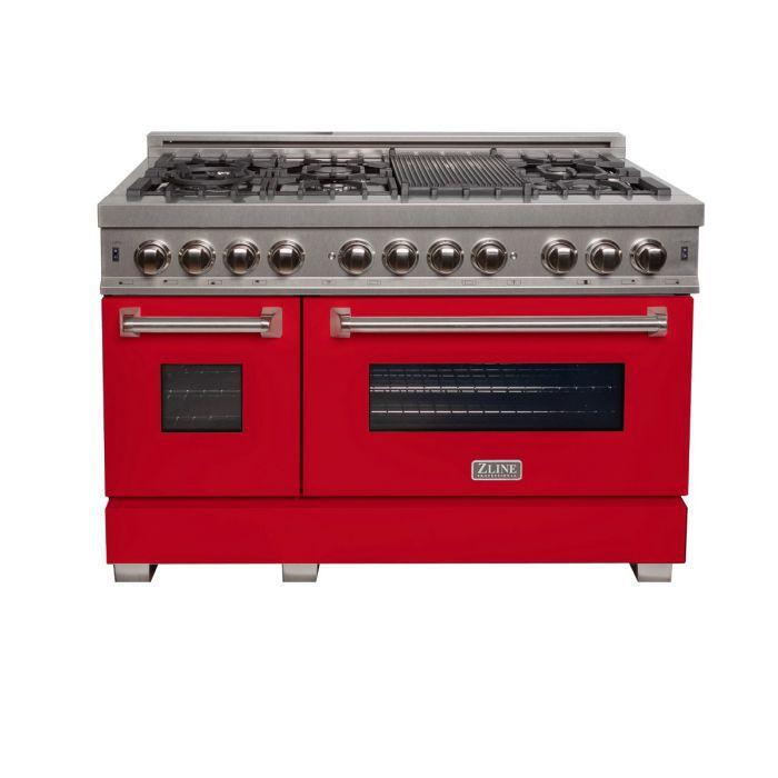 ZLINE 48 in. Legacy Dual Fuel Range, 6.0 cu. ft., 7 Burner Gas Cooktop, Double Electric Ovens, Satin Stainless Steel with Red Matte Doors (RAS-RM-48)