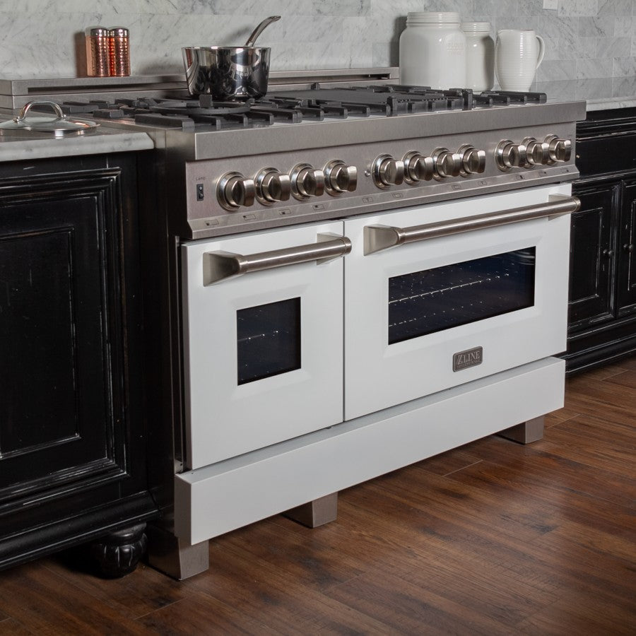 ZLINE 48 in. Legacy Dual Fuel Range, 7-Burner Gas Cooktop, 2 Electric Ovens, 6.0 cu. ft., Satin Stainless Steel with White Matte Doors (RAS-WM-48)