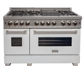 ZLINE 48 in. Legacy Dual Fuel Range, 7-Burner Gas Cooktop, 2 Electric Ovens, 6.0 cu. ft., Satin Stainless Steel with White Matte Doors (RAS-WM-48)