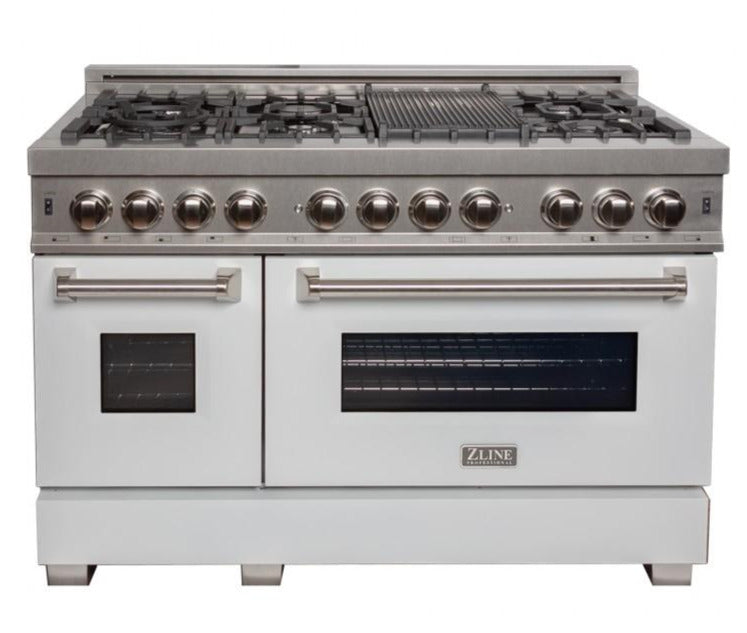 ZLINE 48 in. Legacy Dual Fuel Range, 7-Burner Gas Cooktop, 2 Electric Ovens, 6.0 cu. ft., Satin Stainless Steel with White Matte Doors (RAS-WM-48)