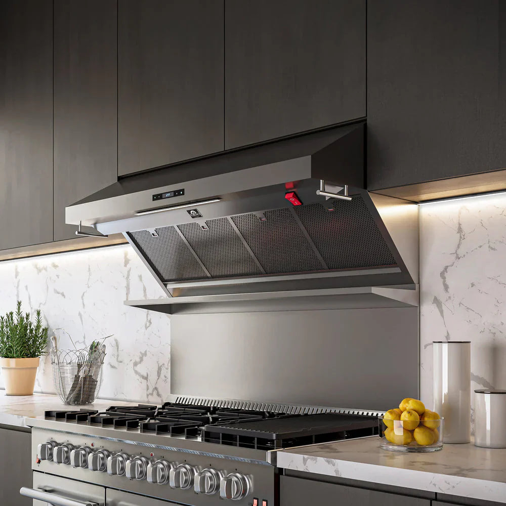 Forno Savona 48-Inch Wall-Mounted Range Hood with Backsplash and Red Warming Light, Stainless Steel – Model FRHWM5029-48HB